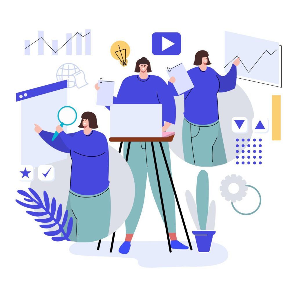 Иллюстрация команды разработчиков: проверка экрана, запись данных и анализ графика