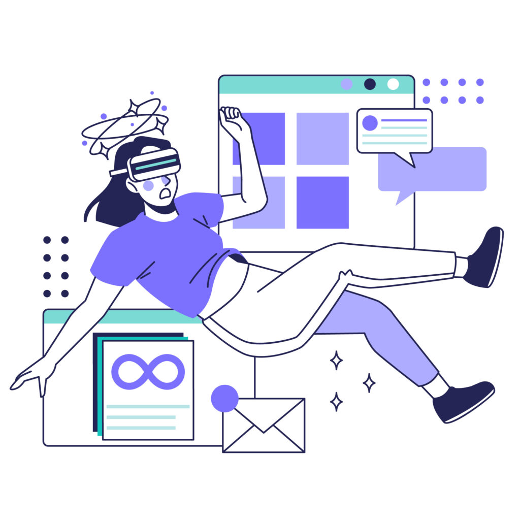 Иллюстрация девушки в очках виртуальной реальности на фоне окон из Windows / IOS